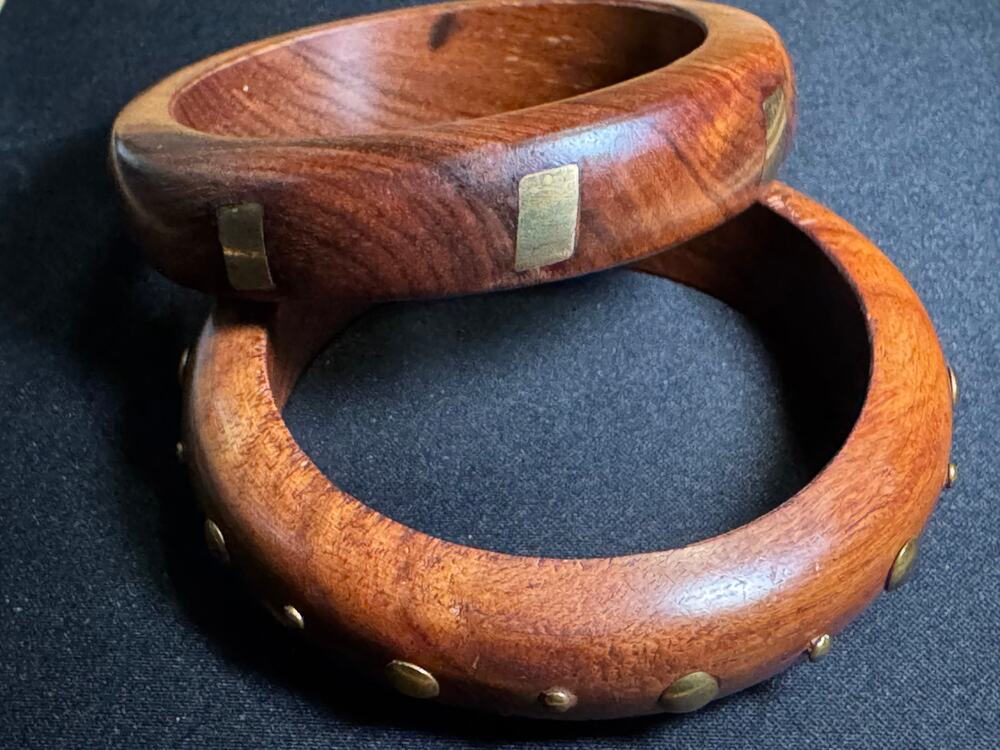 2 Size 8 Wooden Bracelets with Brass Inlays